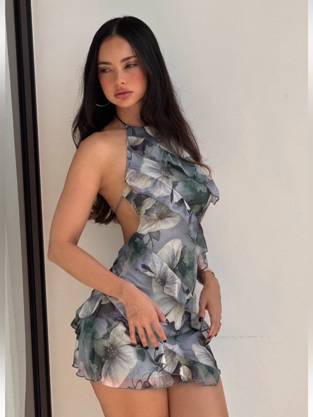 Floral Ruffle Mini Halter Dress - Sage